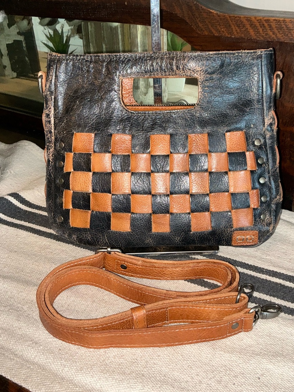 Bed Stu Leather Keiki Crossbody Bag Handbag Black Lux Tan Rustic MSRP $235